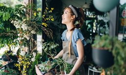 Business owner looking at hanging plants.